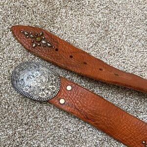 Tooled Leather Western Belt with Floral Silver-Tone Buckle